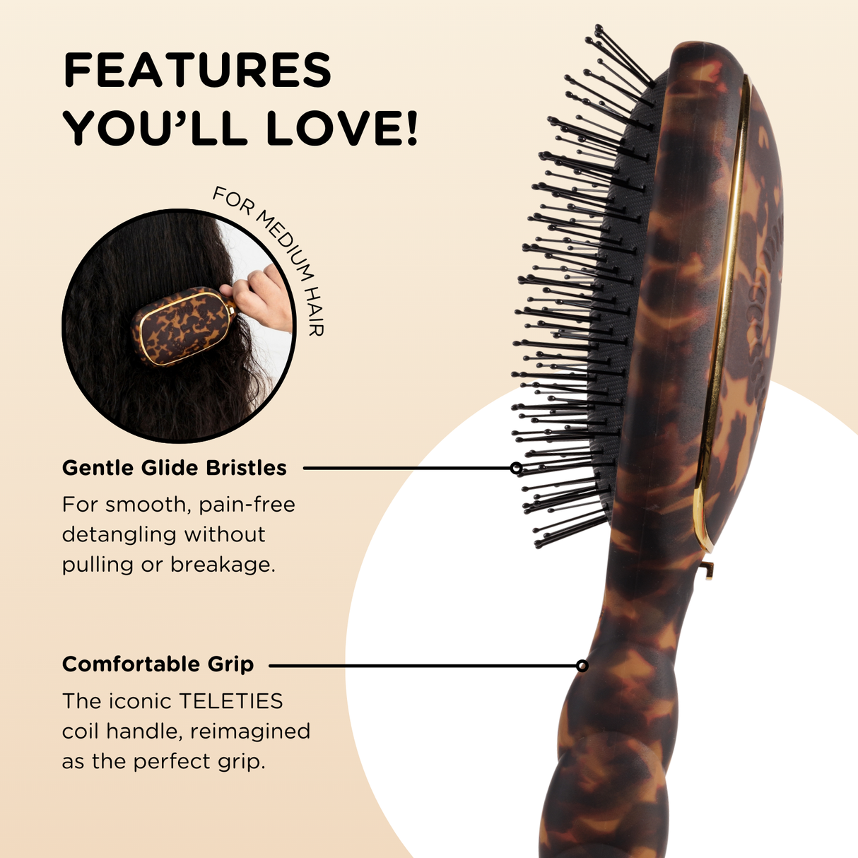 Teleties | Detangler Hair Brush for Medium Hair - Tortoise
