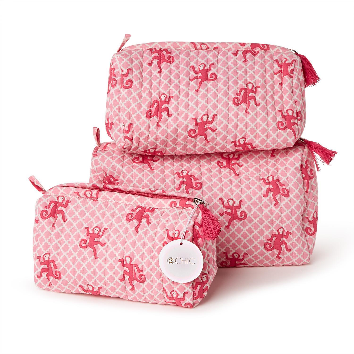 Happy Monkey Block Printed Cotton Quilted Cosmetic and Accessory Bag