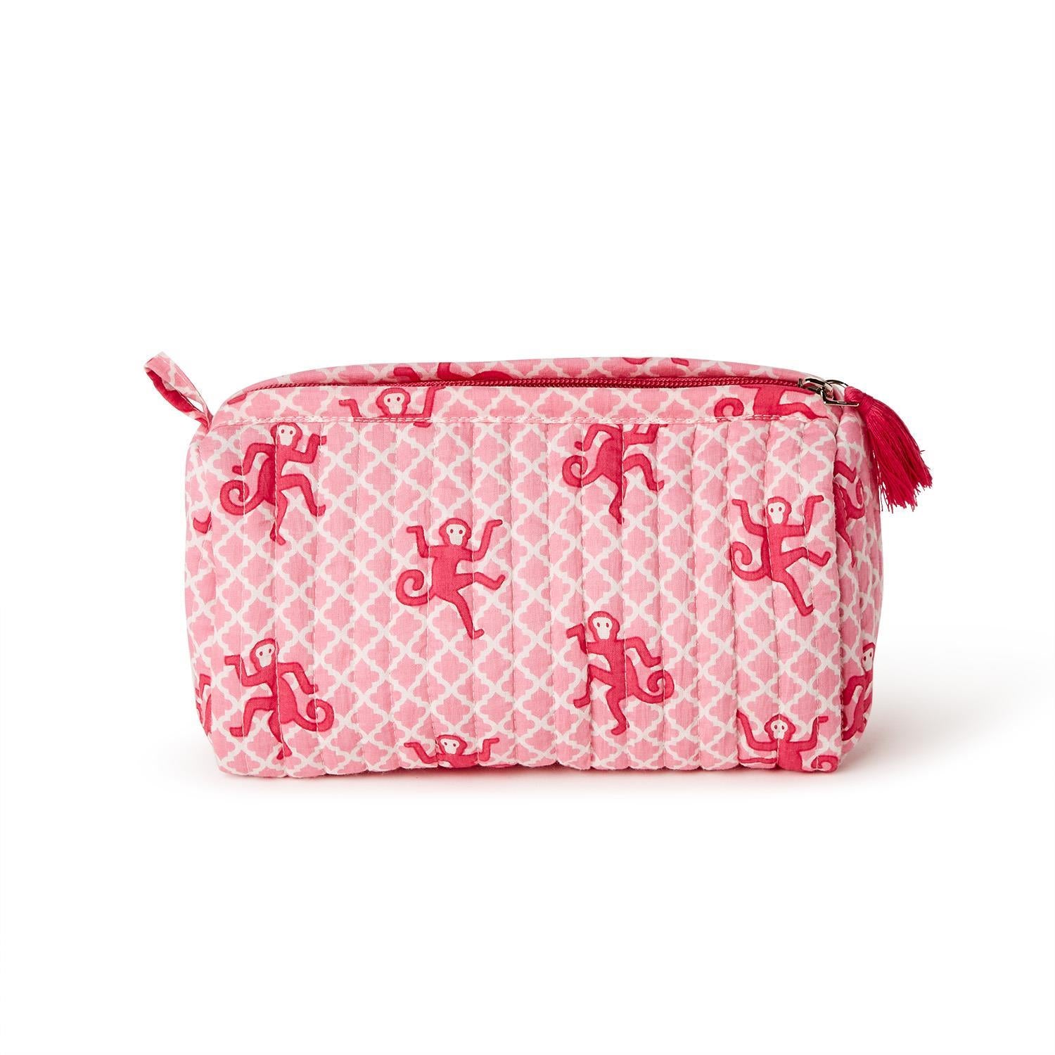 Happy Monkey Block Printed Cotton Quilted Cosmetic and Accessory Bag