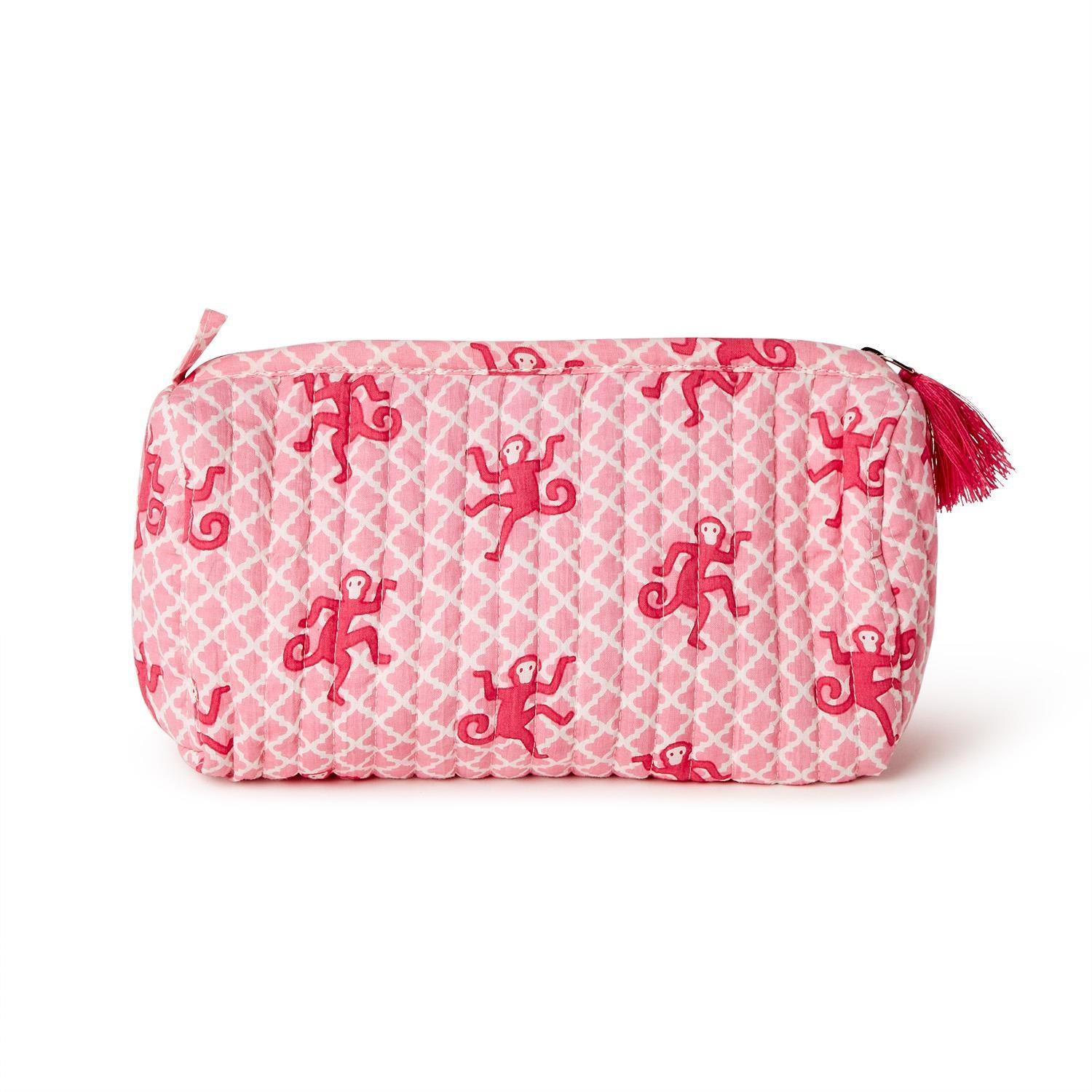 Happy Monkey Block Printed Cotton Quilted Cosmetic and Accessory Bag