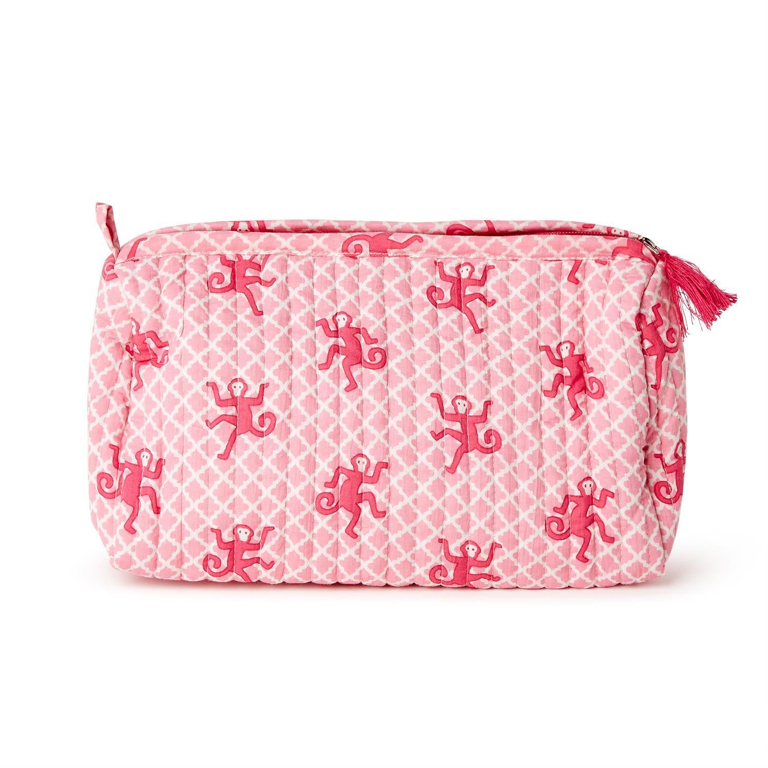 Happy Monkey Block Printed Cotton Quilted Cosmetic and Accessory Bag