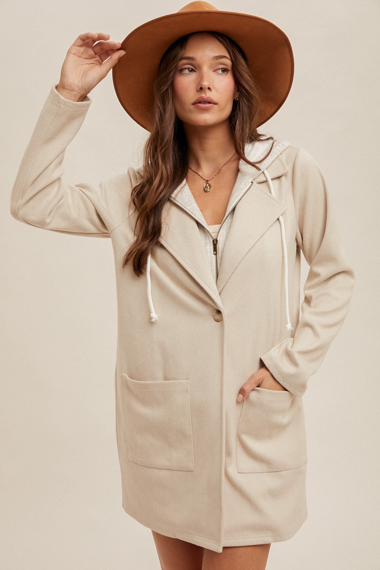 Herringbone Layered Hoodie Coat