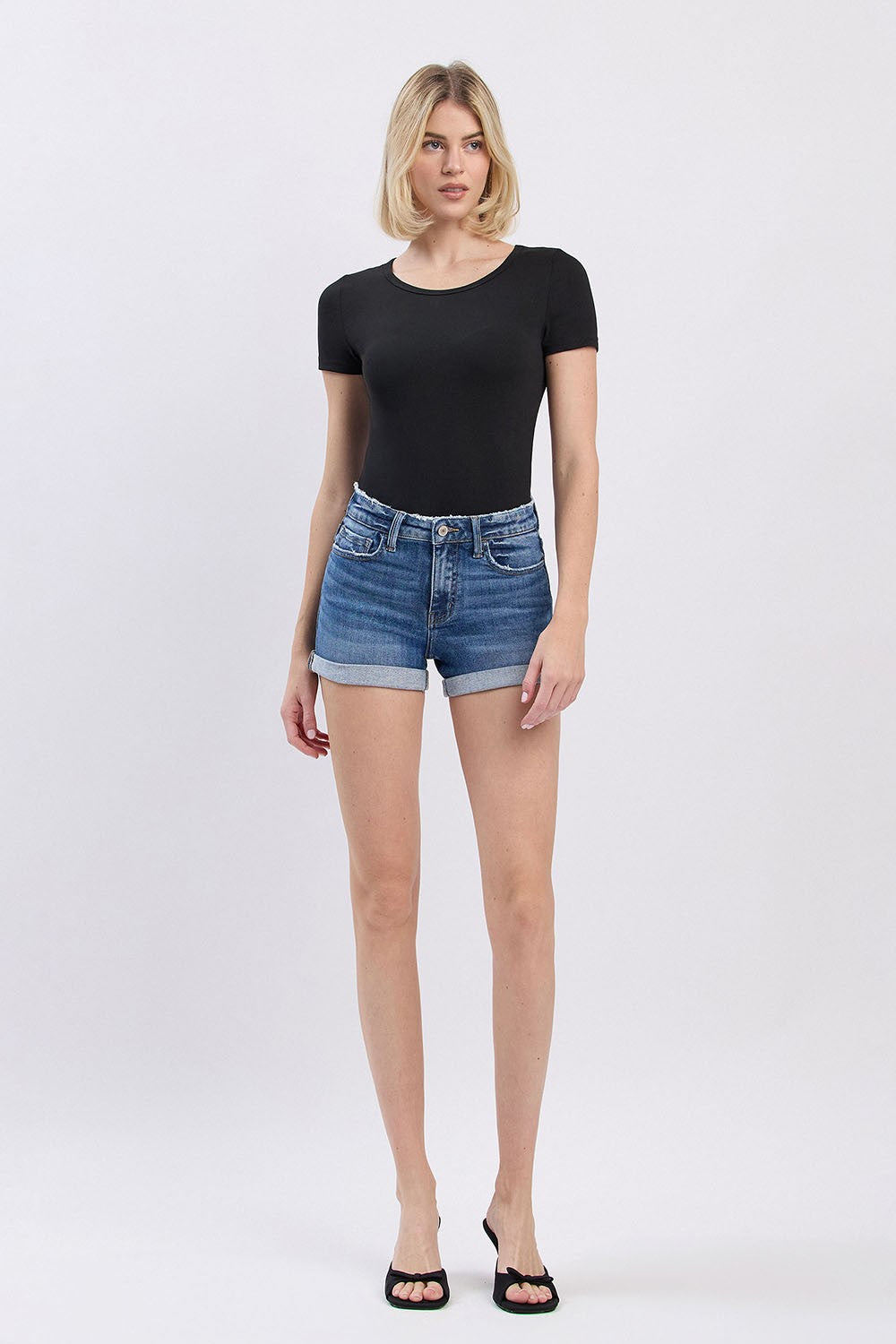 Lovervet | High Rise Double Cuff Denim Shorts
