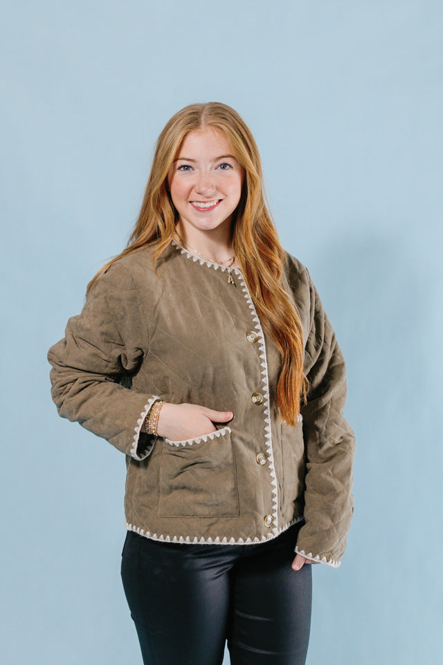 Olive Quilted Jacket with Contrast Trim