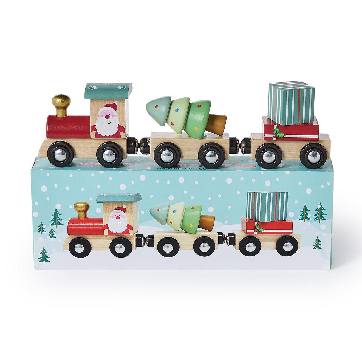 Two's Company | Here Comes Santa 3pc Hand-Crafted Wooden Magnetic Train Set
