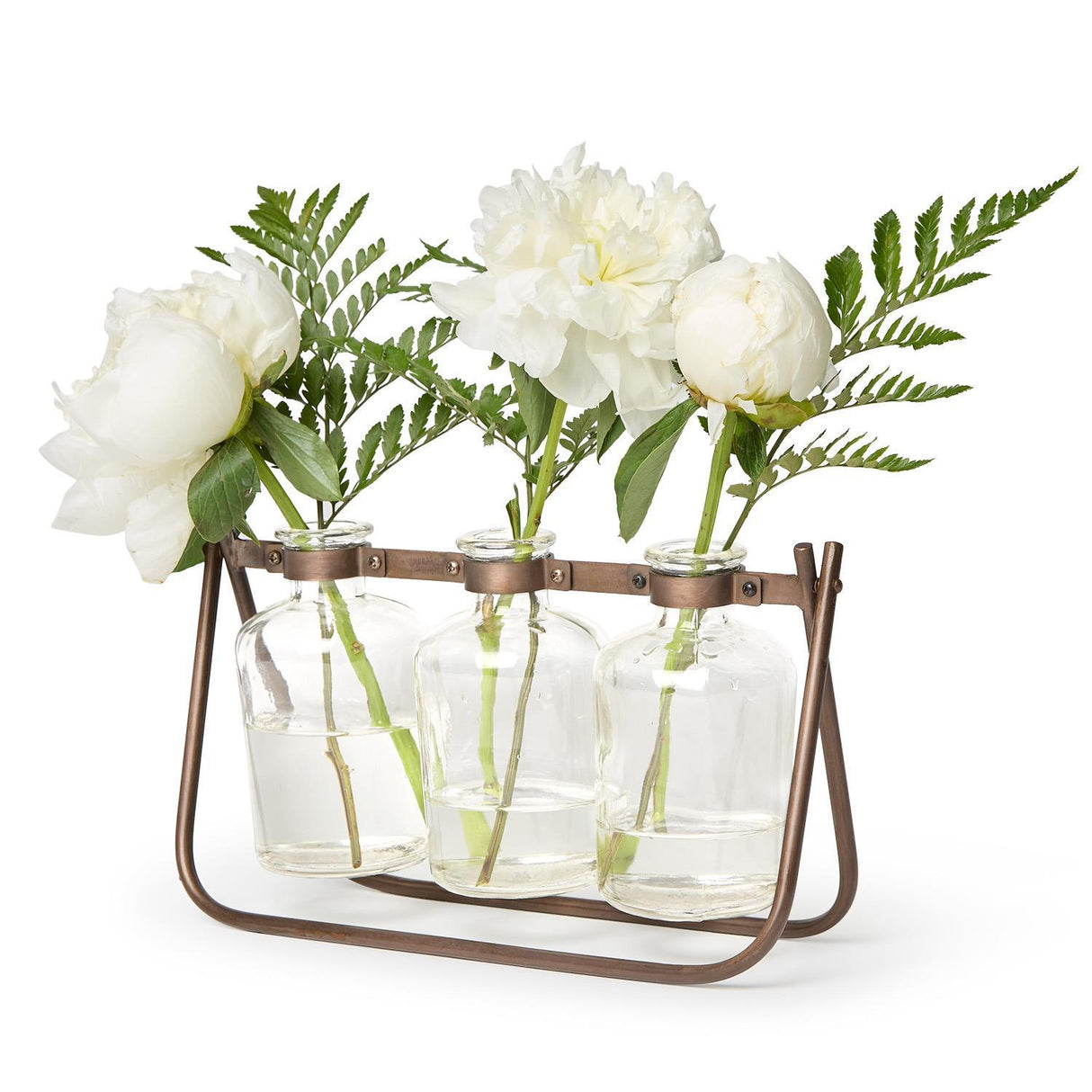 Hinged Flower Arranger with 3 Glass Bottle Vases on Metal Stand