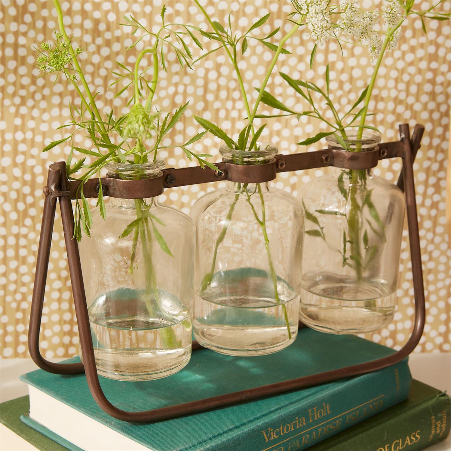 Hinged Flower Arranger with 3 Glass Bottle Vases on Metal Stand