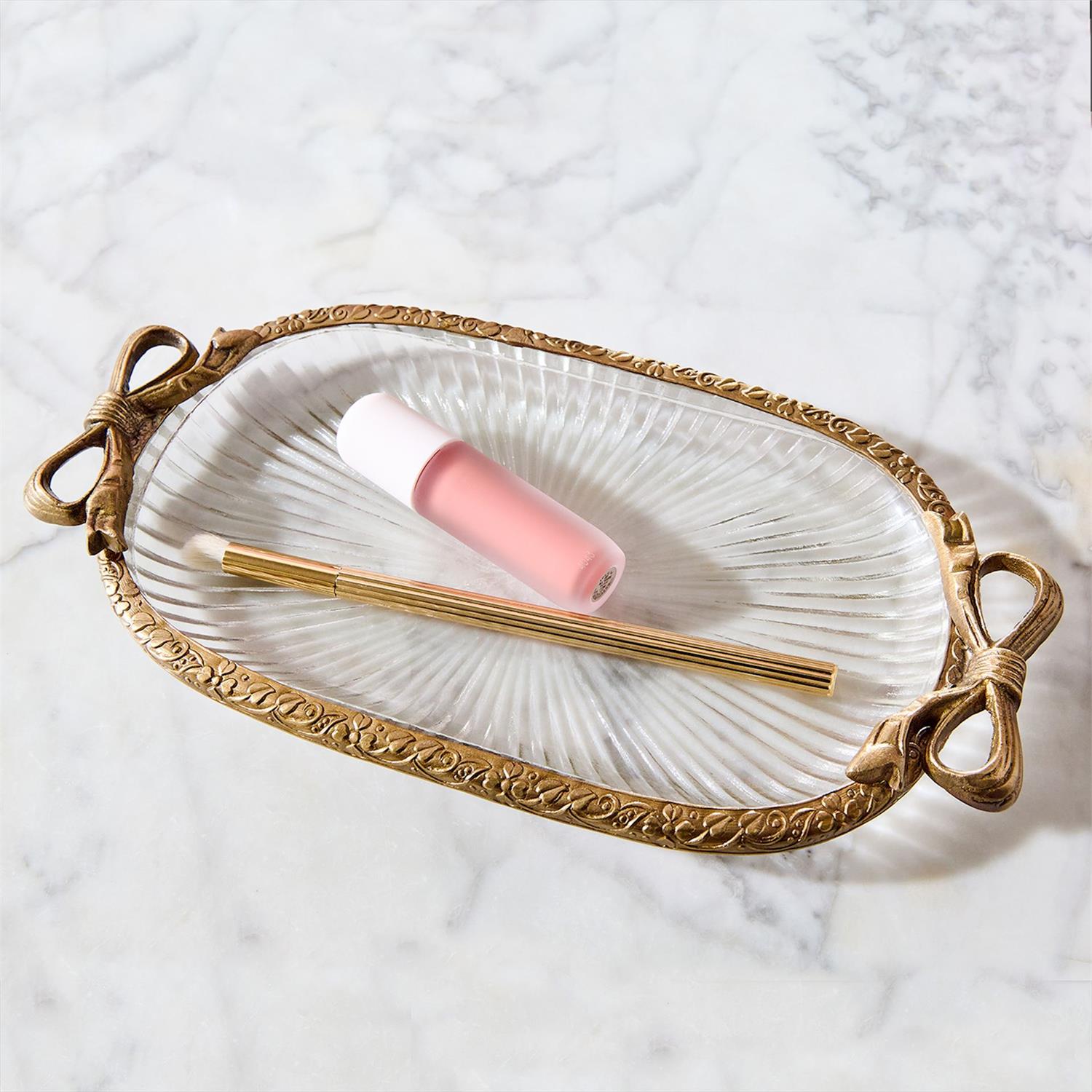 Antique Gold Glass Vanity Table / Desk Tray with Bow Accent