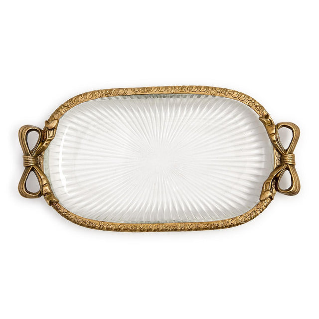 Antique Gold Glass Vanity Table / Desk Tray with Bow Accent