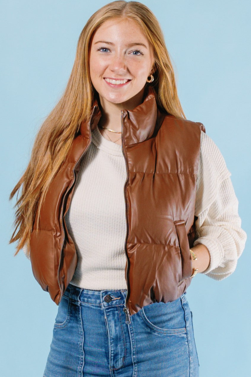 Chestnut Faux Leather Puffer Vest