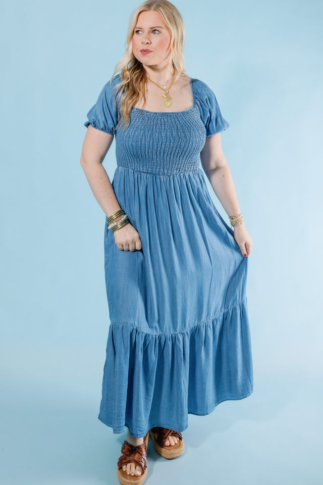 Puff & Ruffle Chambray Dress