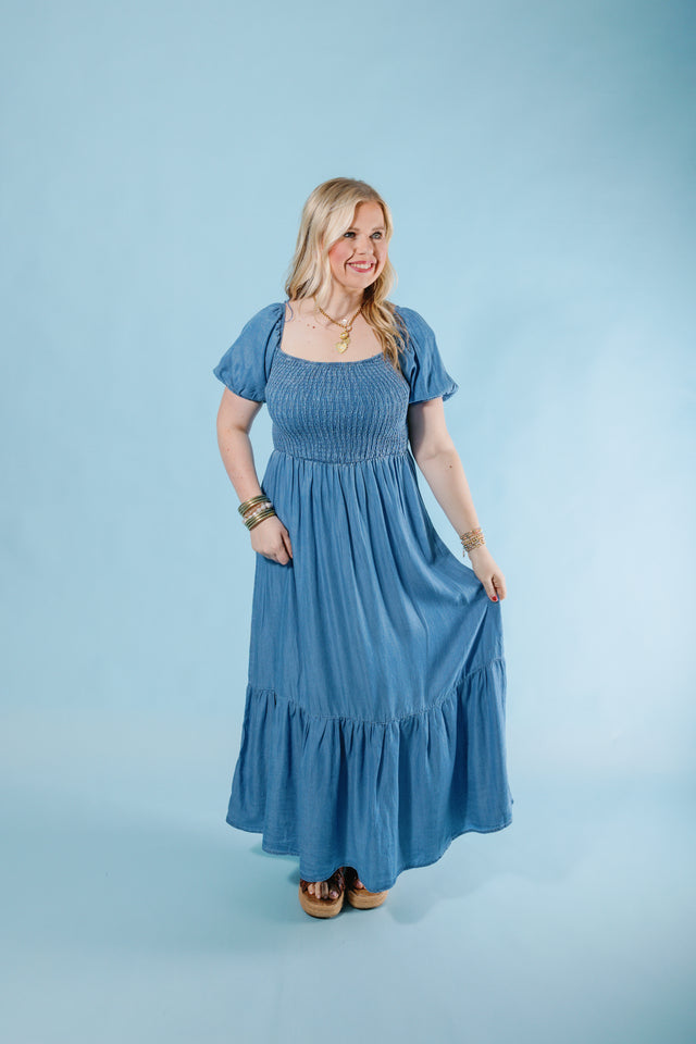 Puff & Ruffle Chambray Dress