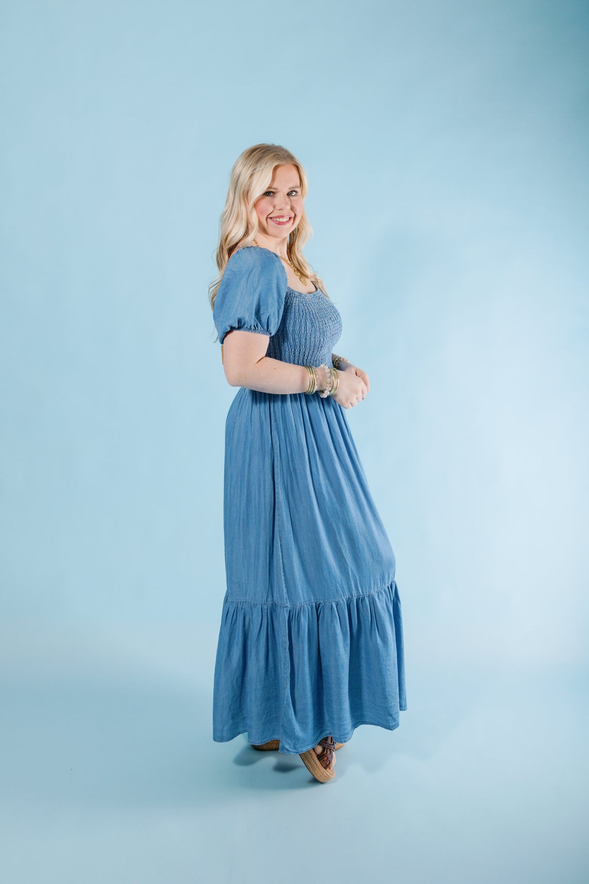 Puff & Ruffle Chambray Dress