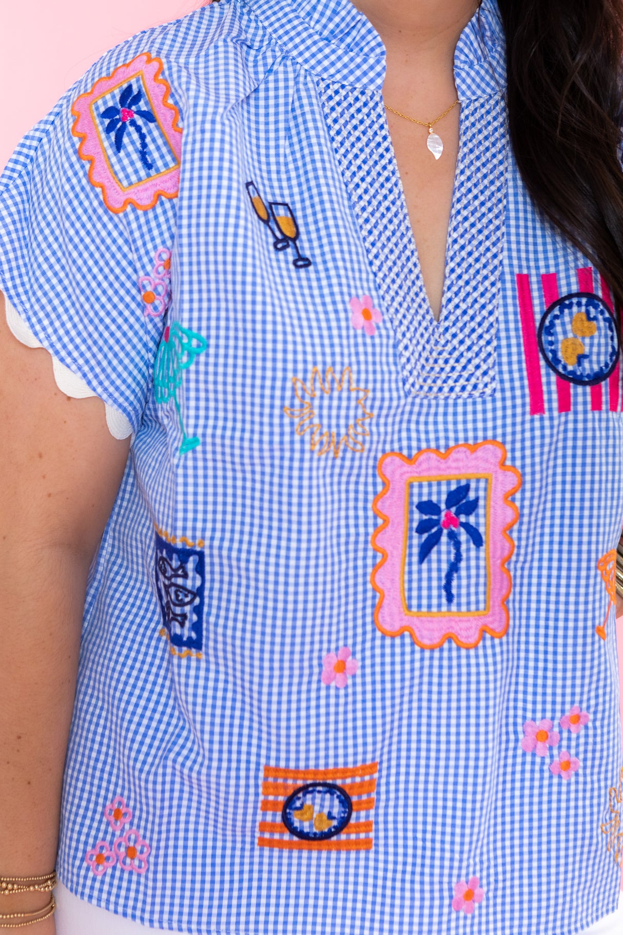 Short Sleeve Embroidery Detail Gingham Top