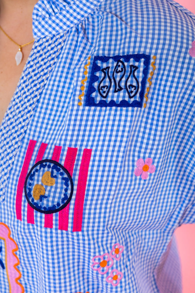 Short Sleeve Embroidery Detail Gingham Top