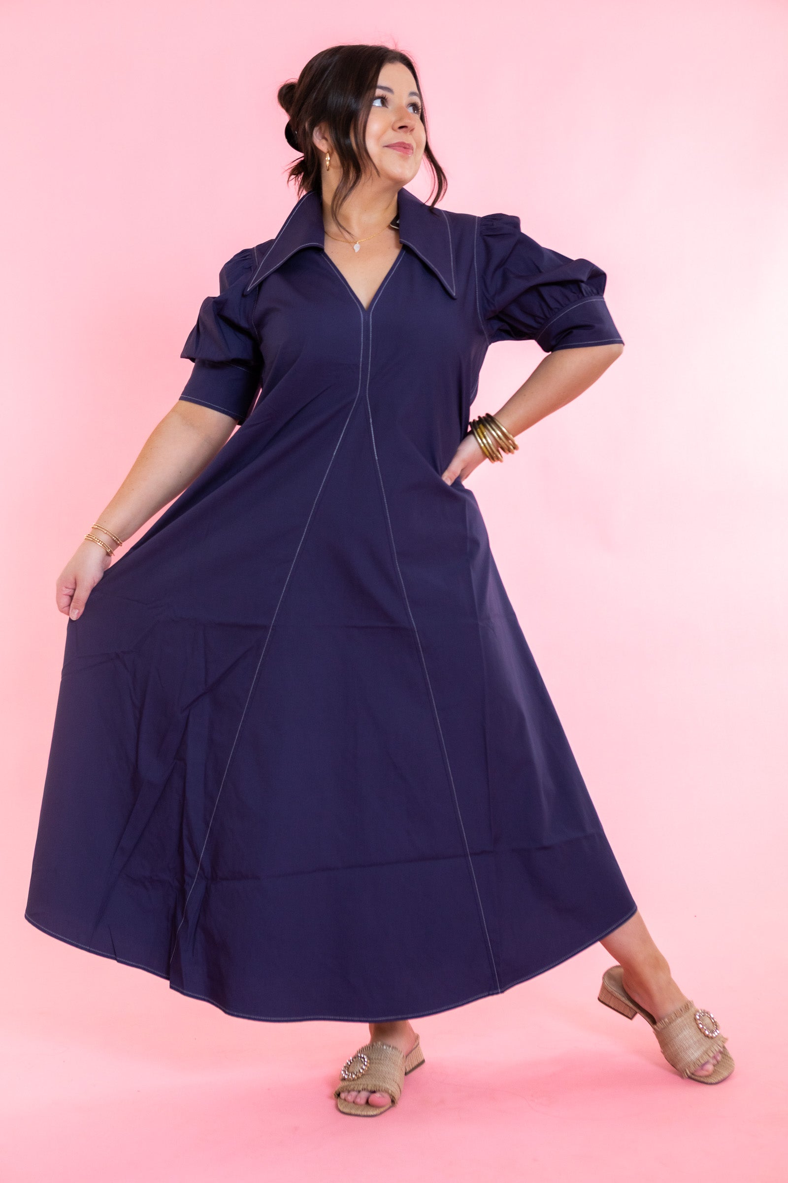 Lior | Amber Pointed Collar Navy Dress