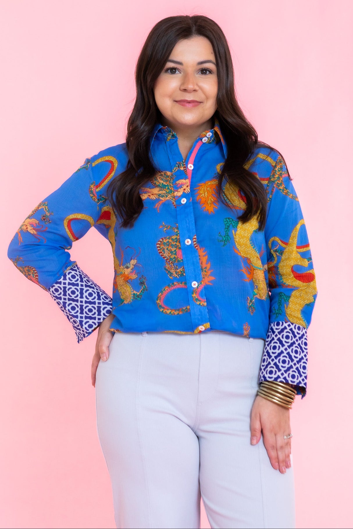Dizzy Lizzie | 3/4 Sleeve Rome Shirt French Blue Cotton Voile Dragon Print
