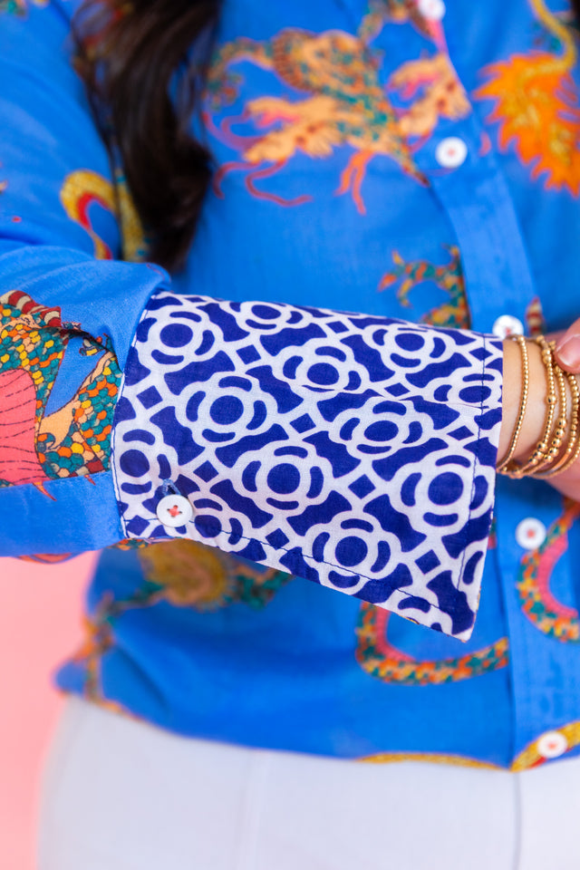 Dizzy Lizzie | 3/4 Sleeve Rome Shirt French Blue Cotton Voile Dragon Print