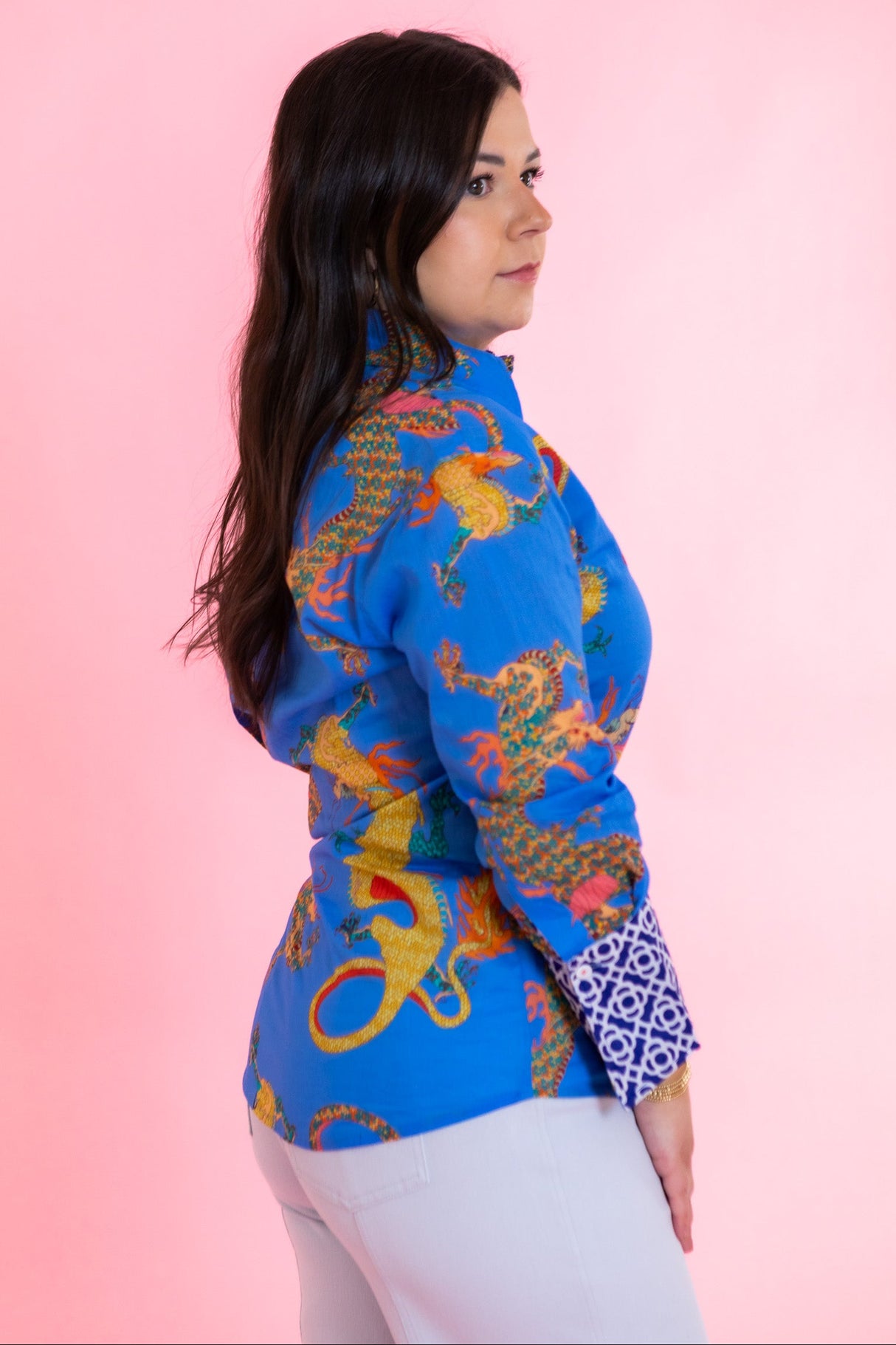 Dizzy Lizzie | 3/4 Sleeve Rome Shirt French Blue Cotton Voile Dragon Print