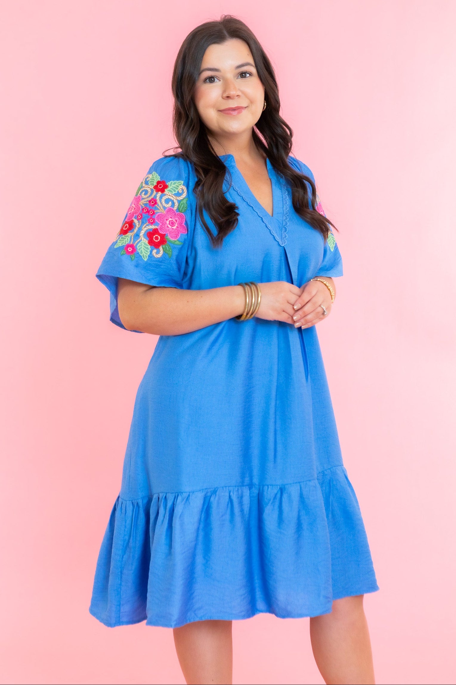 Flare Sleeve Embroidered Mini Dress with Pockets