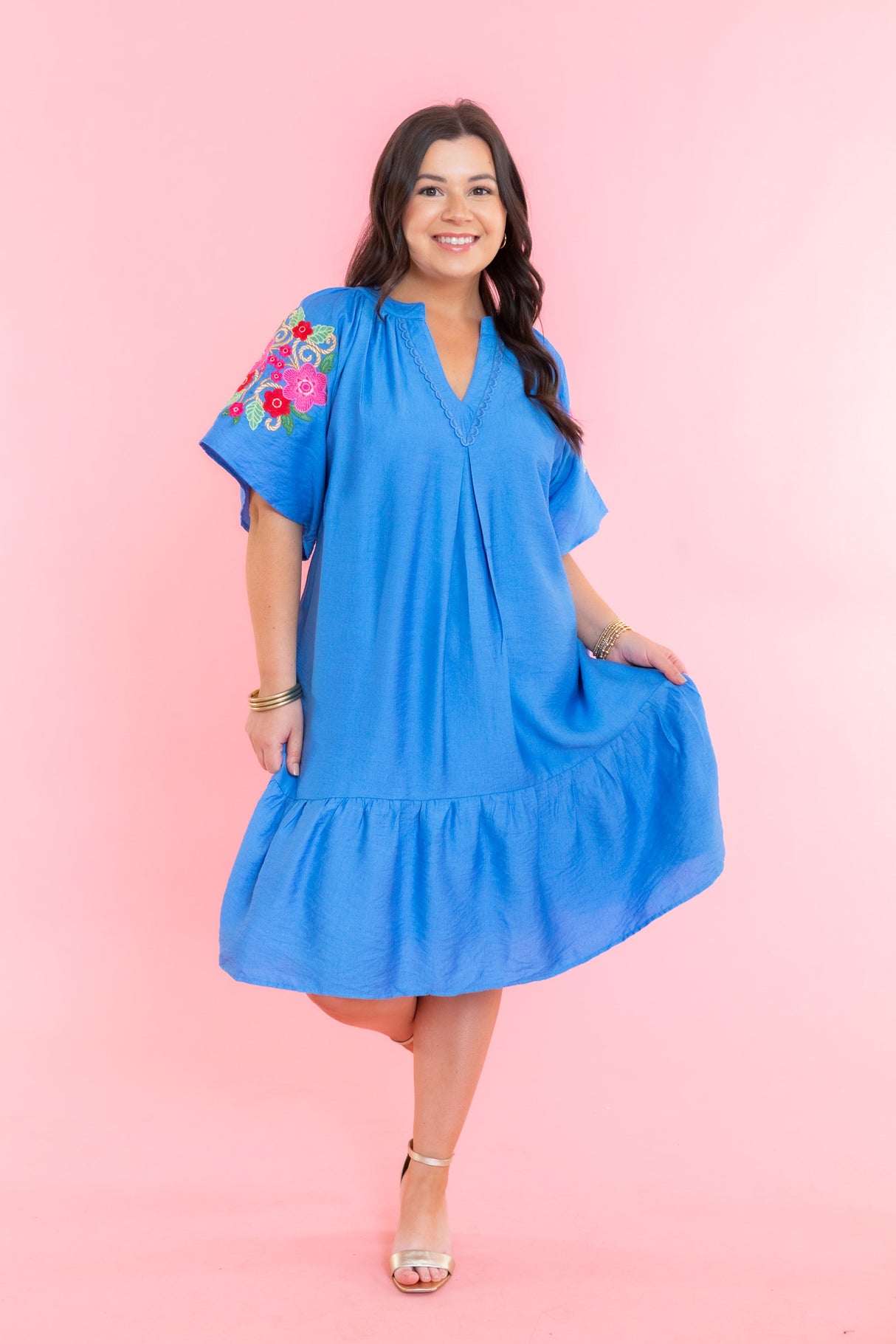 Flare Sleeve Embroidered Mini Dress with Pockets