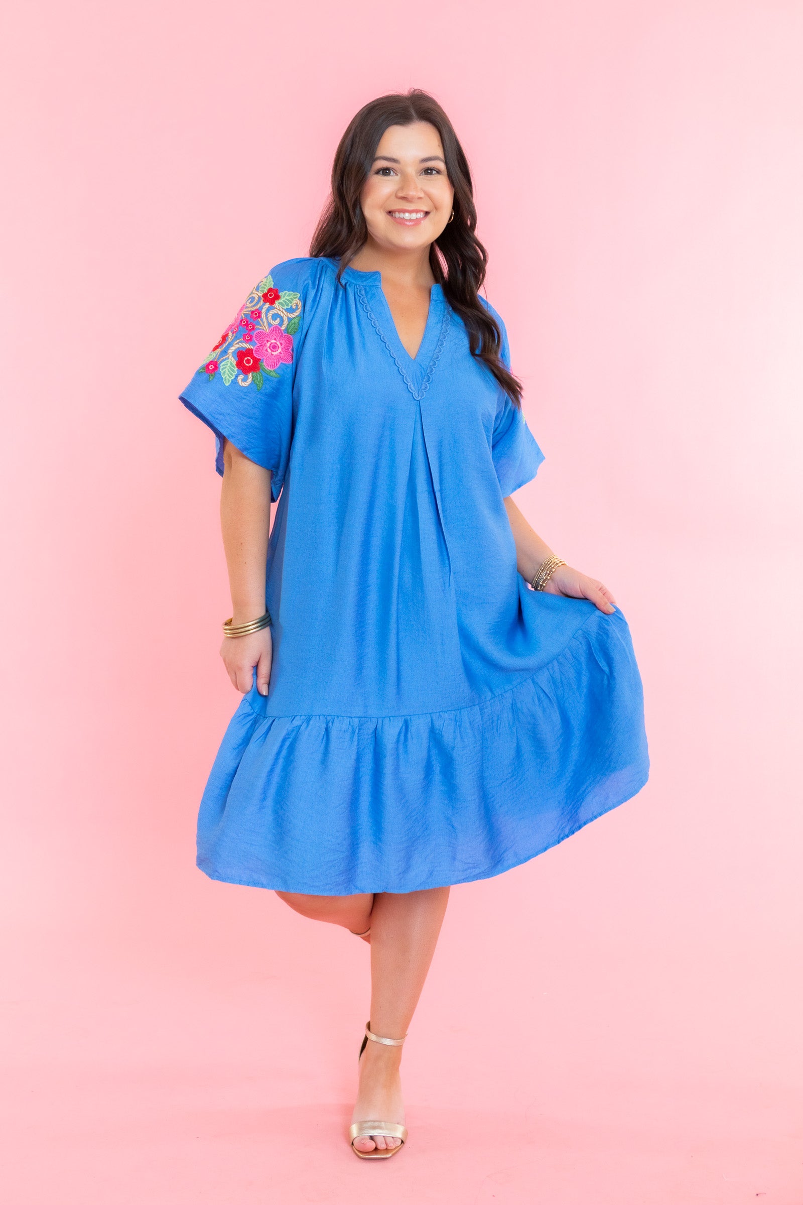 Flare Sleeve Embroidered Mini Dress with Pockets