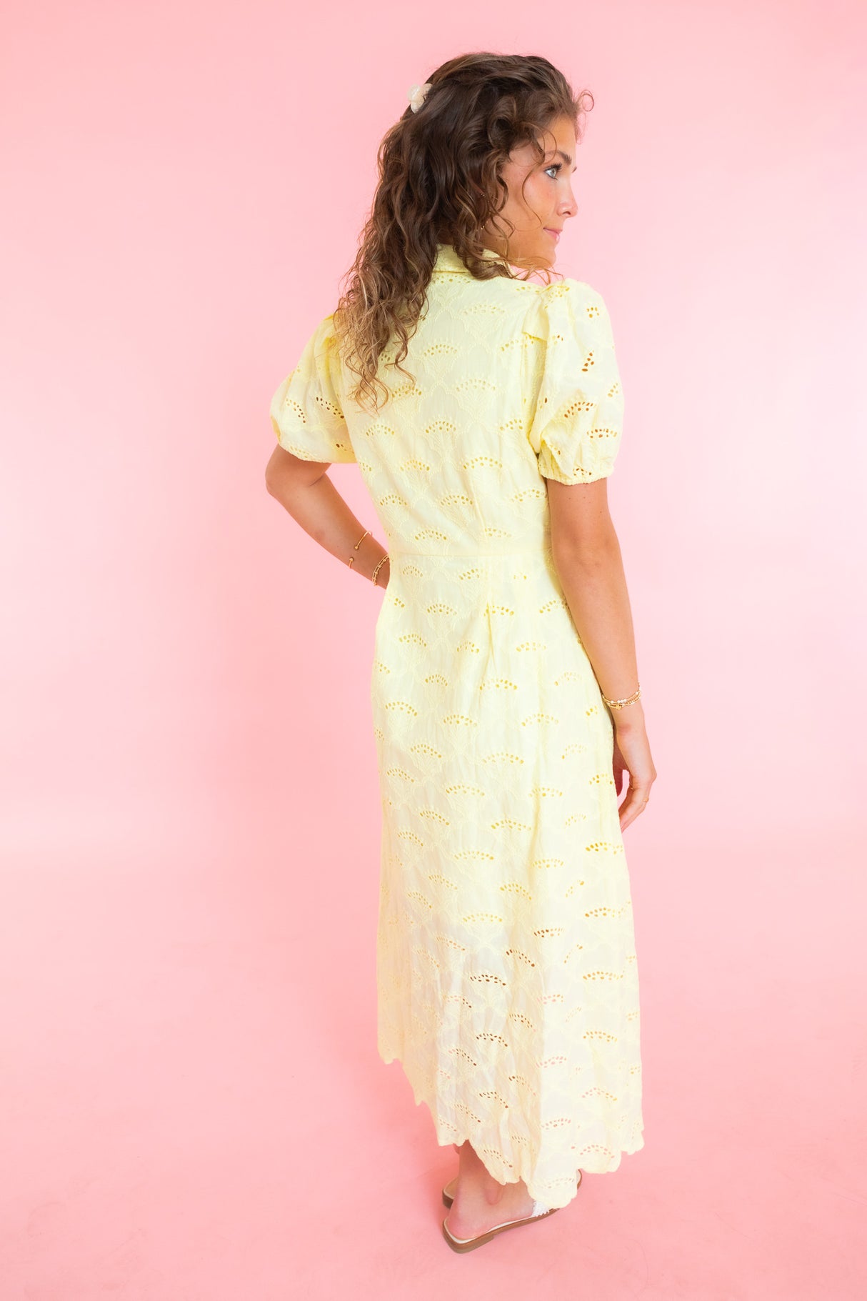 Yellow Eyelet Midi Dress