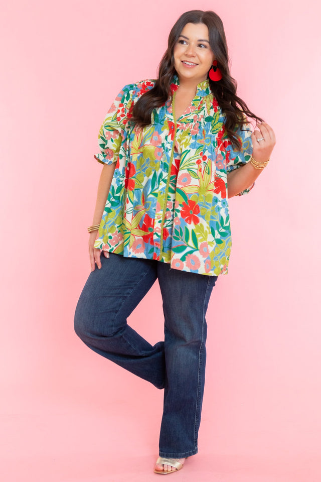 Floral Print Smocked Detail Button Down