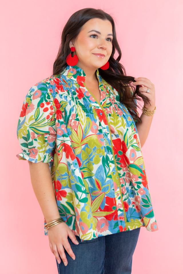 Floral Print Smocked Detail Button Down