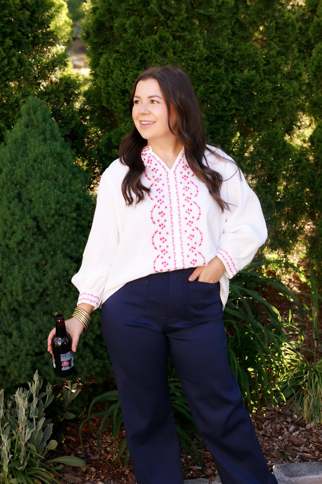 Line-Embroidered Cotton Blouse