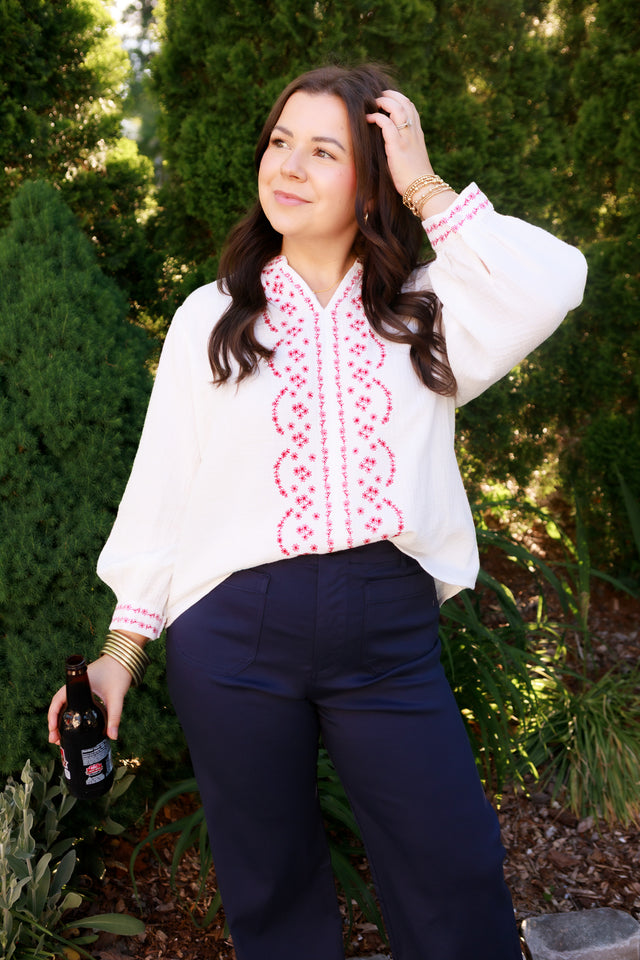 Line-Embroidered Cotton Blouse