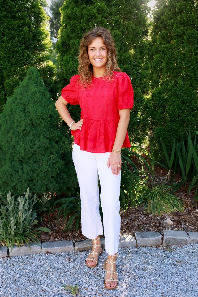 Classic Red Eyelet Peplum Top