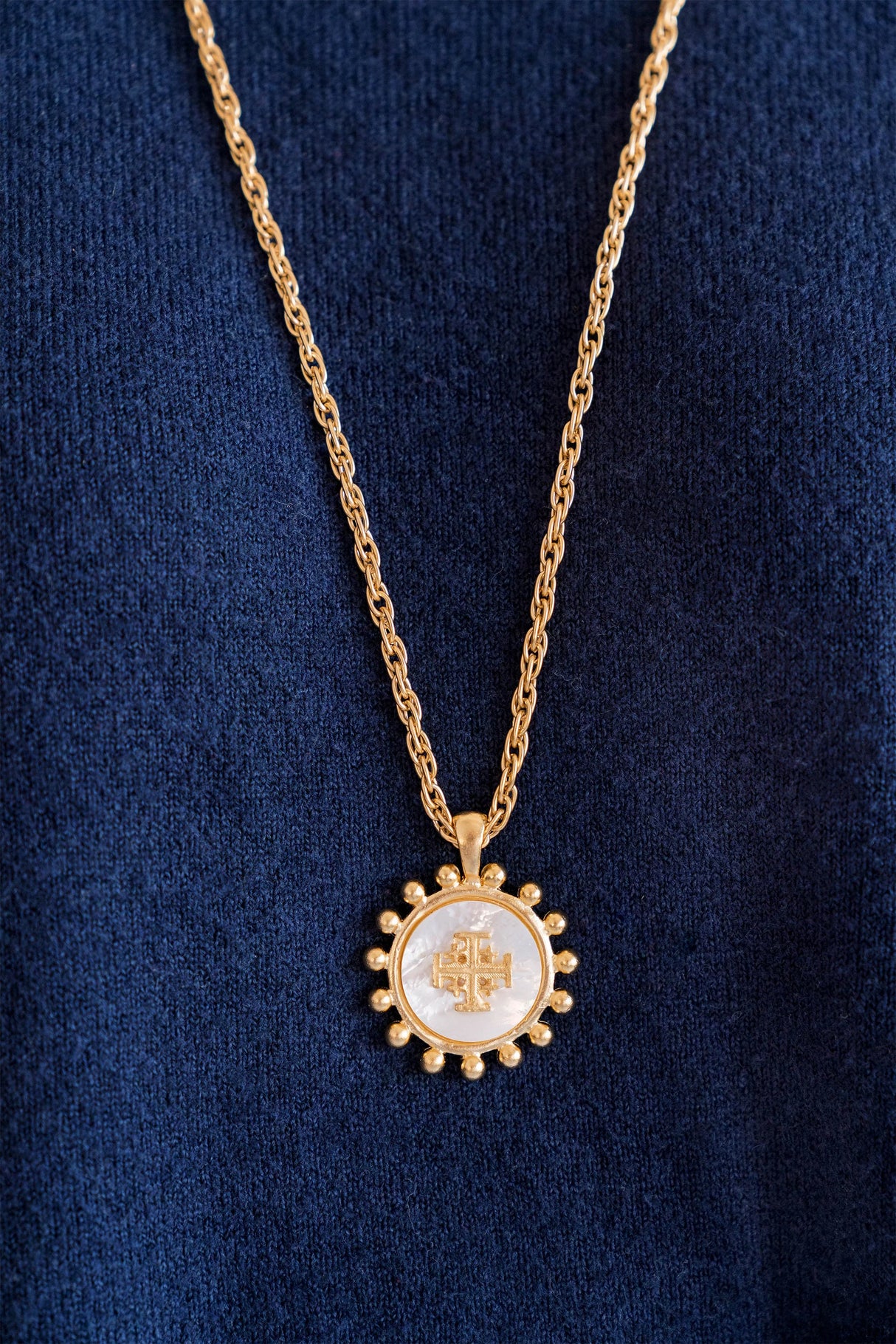Susan Shaw | Long Mother of Pearl Jerusalem Cross Necklace
