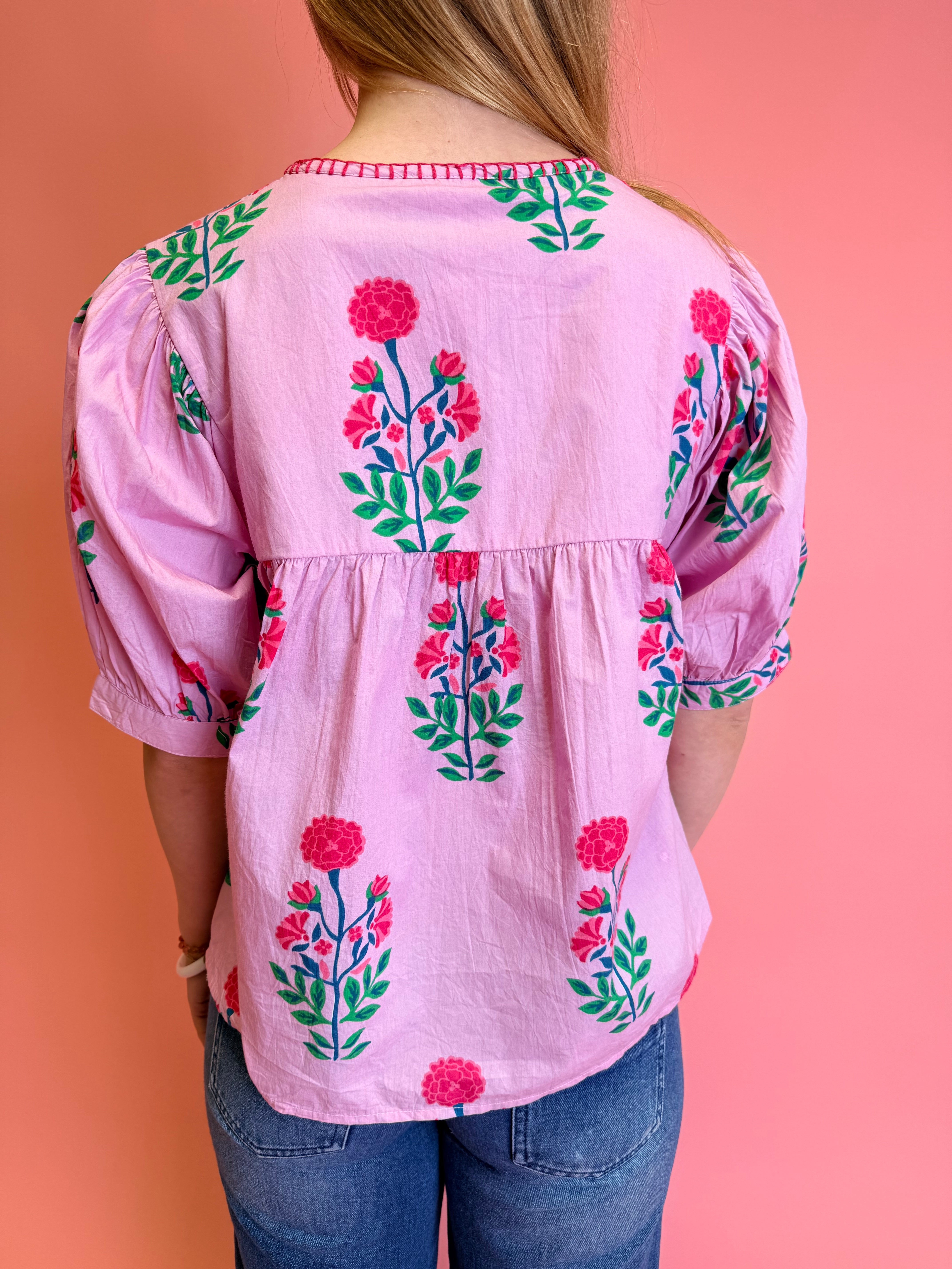 Long Sleeve Floral Pattern Pink Top