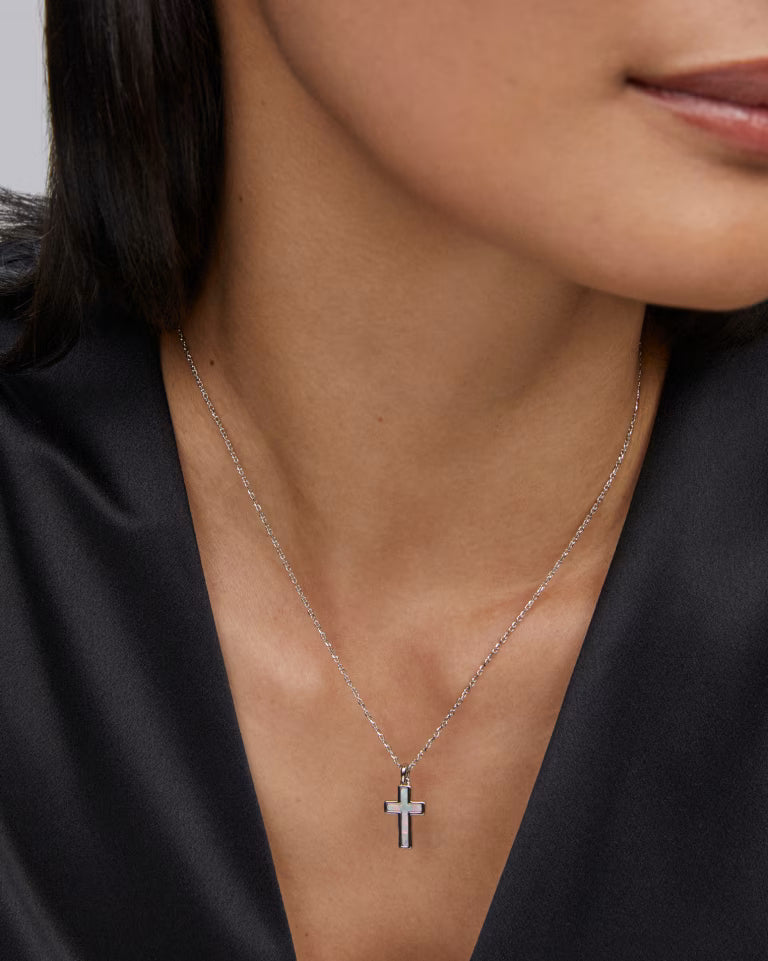Kendra Scott | Cross Silver Pendant Necklace in White Lab Grown Opal