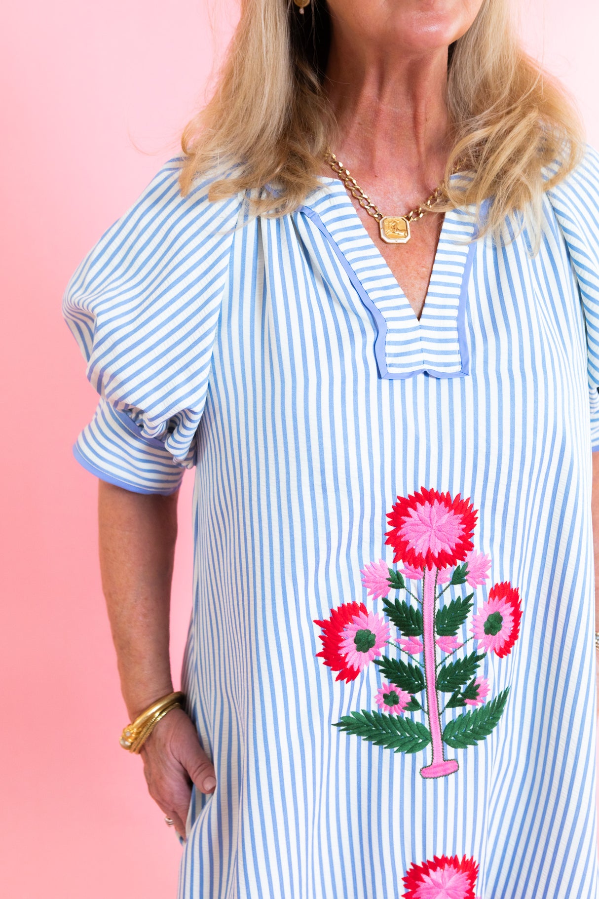 The Kylie Striped Embroidery Midi Dress