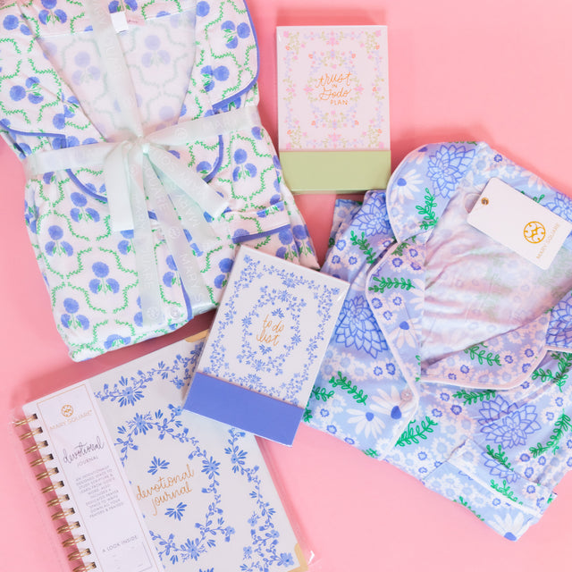 Mary Square | Charlotte Pant Sleep Set- Sweetbriar Lattice Blue
