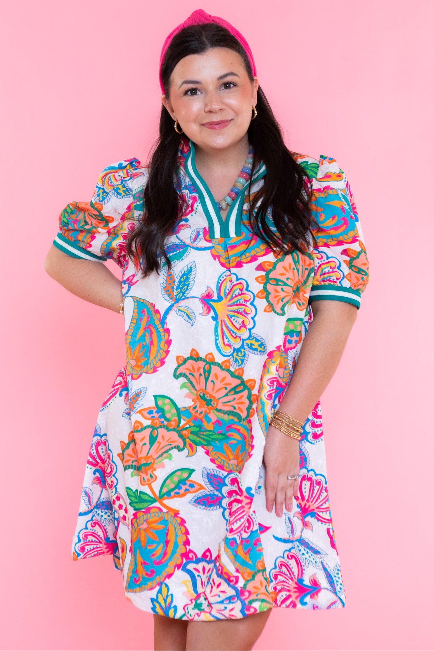 Jacquard Paisley Print Puff Sleeve Tunic Dress