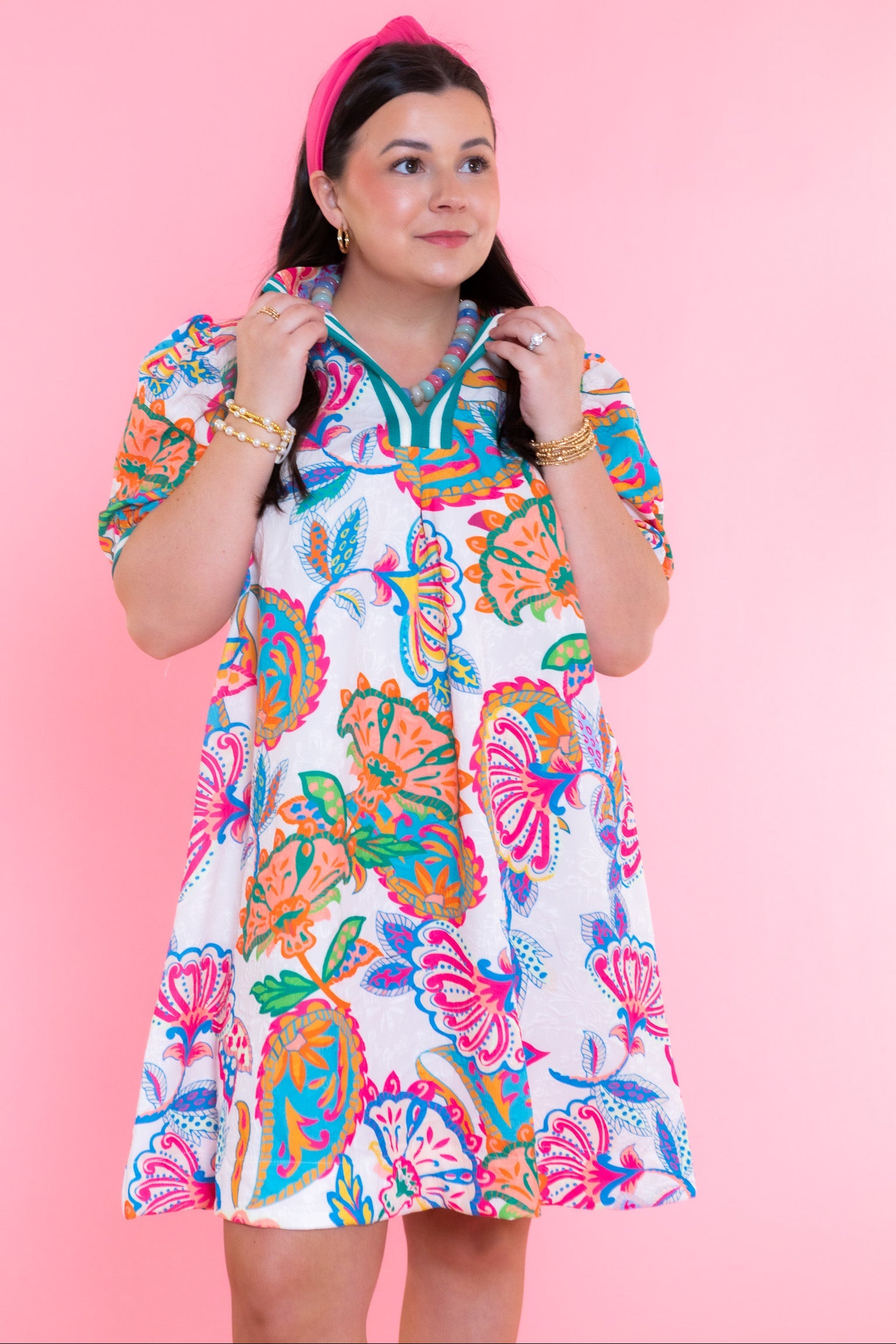 Jacquard Paisley Print Puff Sleeve Tunic Dress