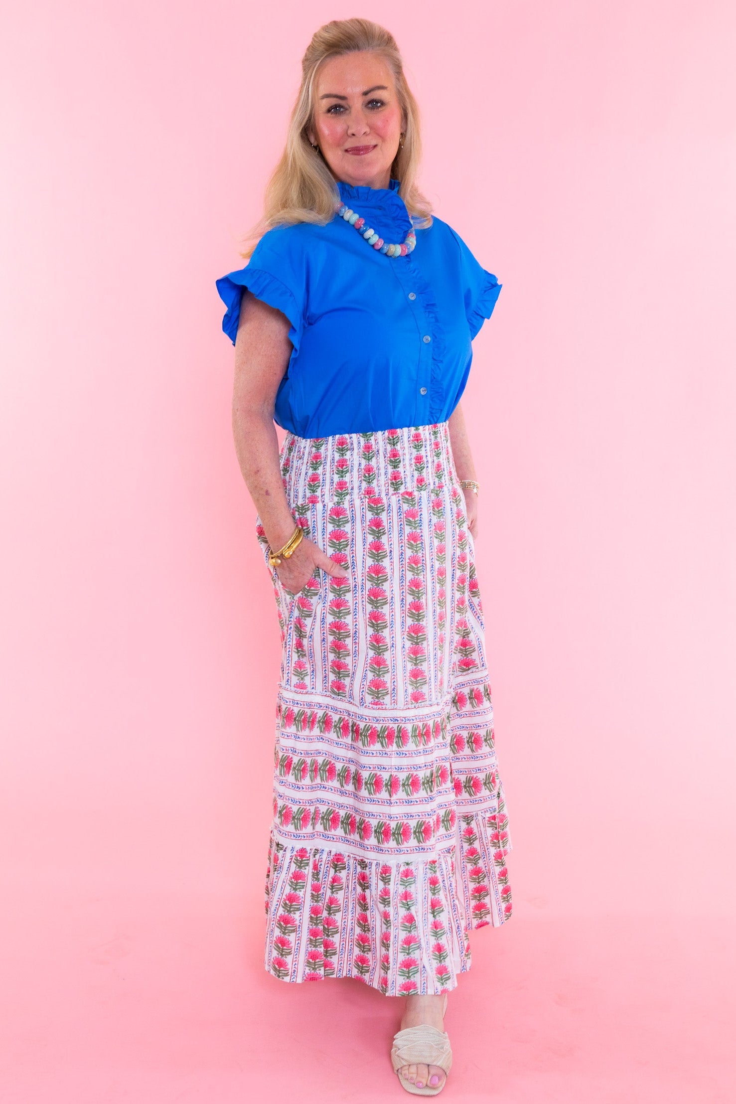 Smocked Waist Floral Pattern Long Skirt