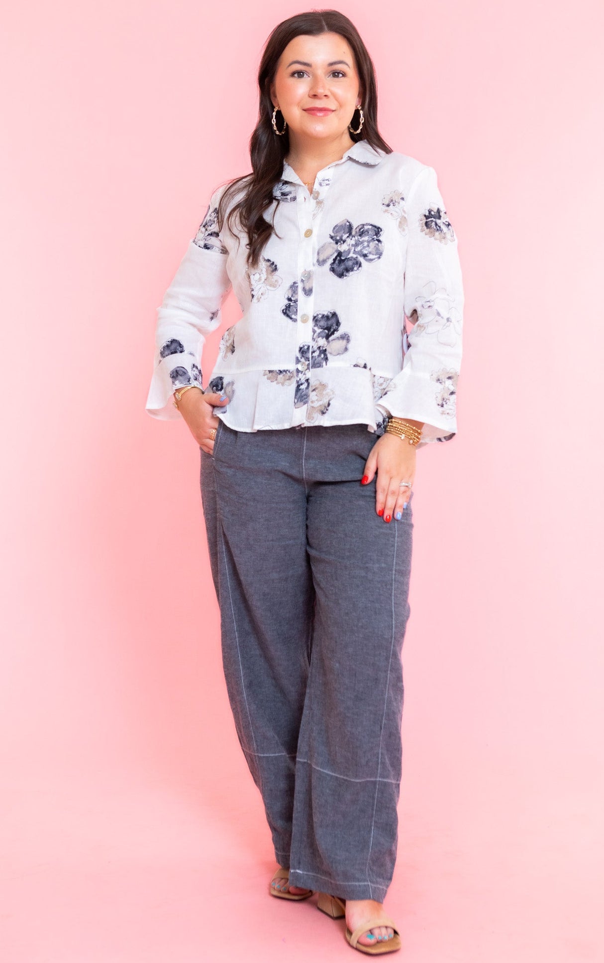 Linen Floral Flounce Shirt