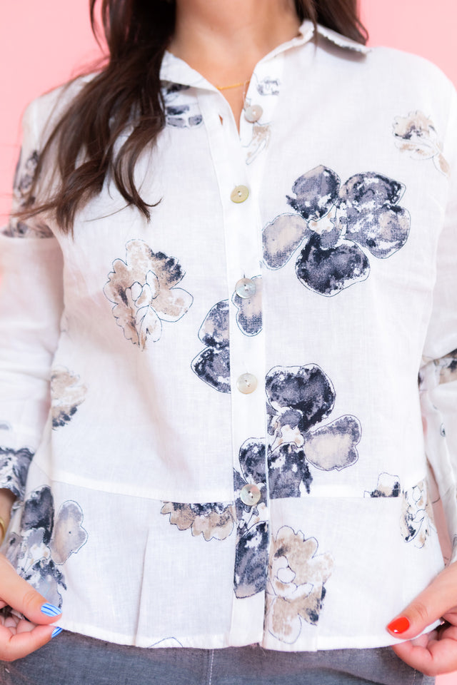 Linen Floral Flounce Shirt