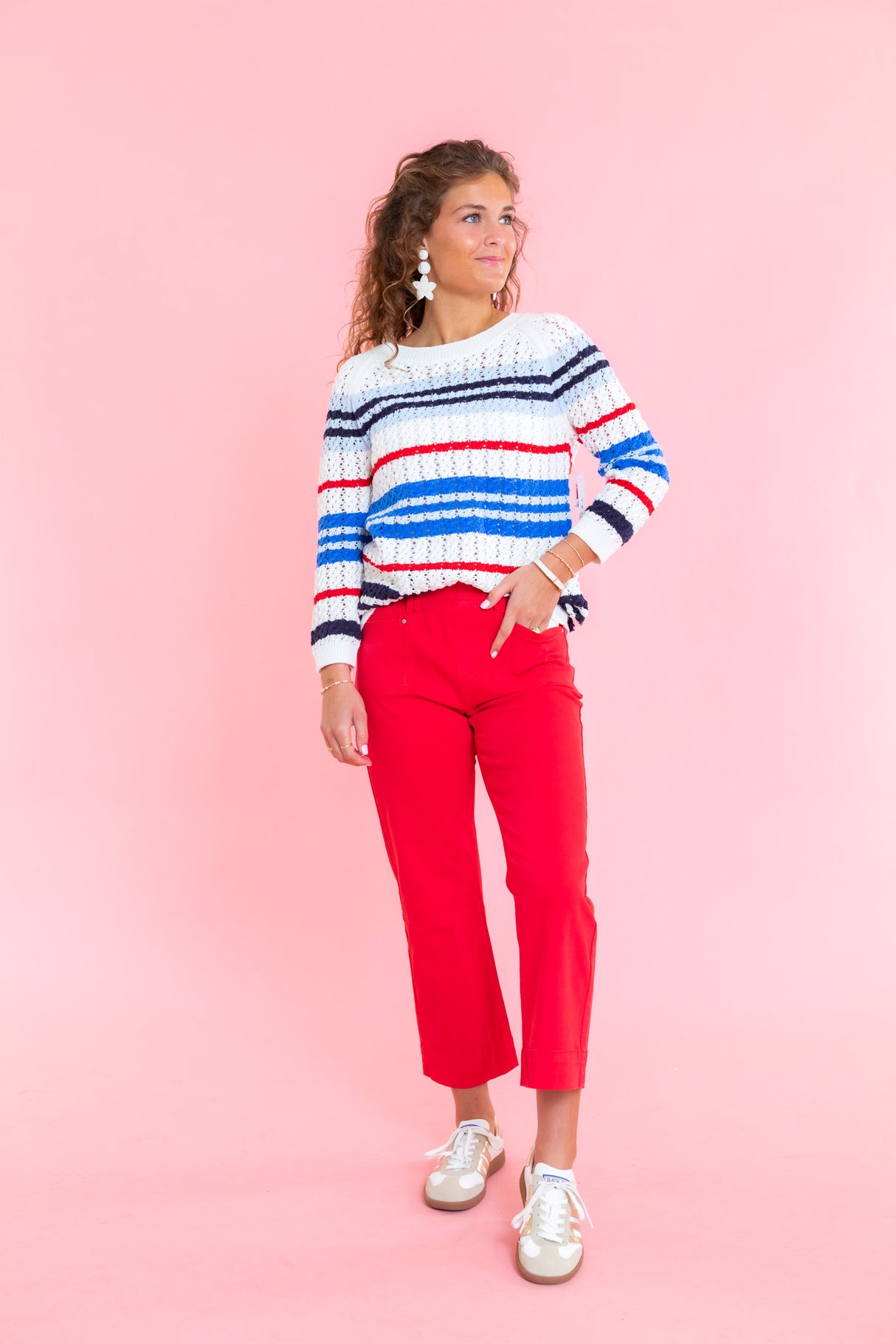 Tribal | Striped Cotton Crew Neck Sweater With Cable Detail