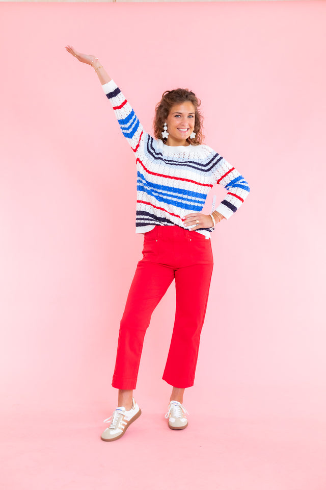 Tribal | Striped Cotton Crew Neck Sweater With Cable Detail