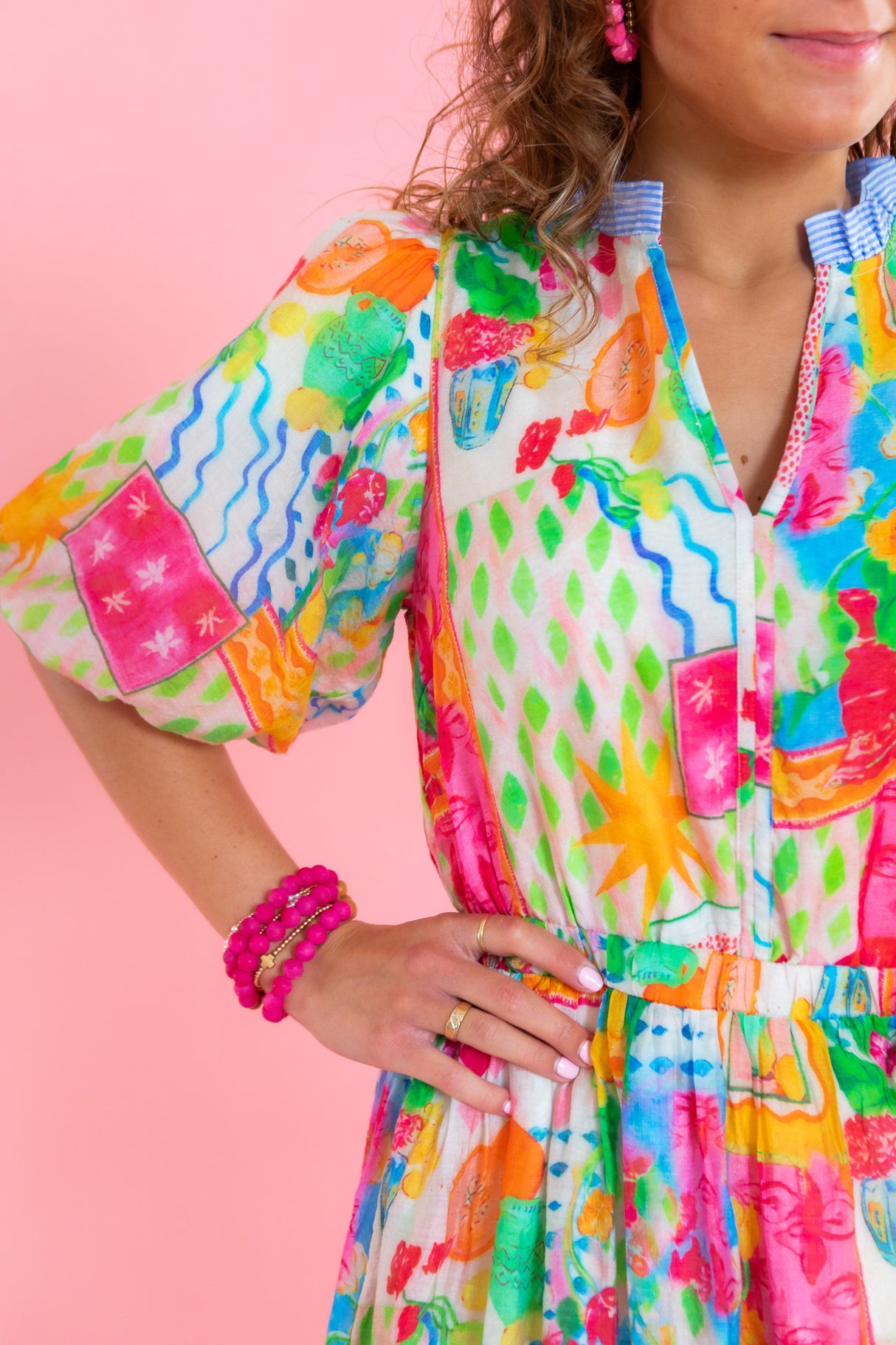 Printed Ruffle Collar Puff Sleeve Dress