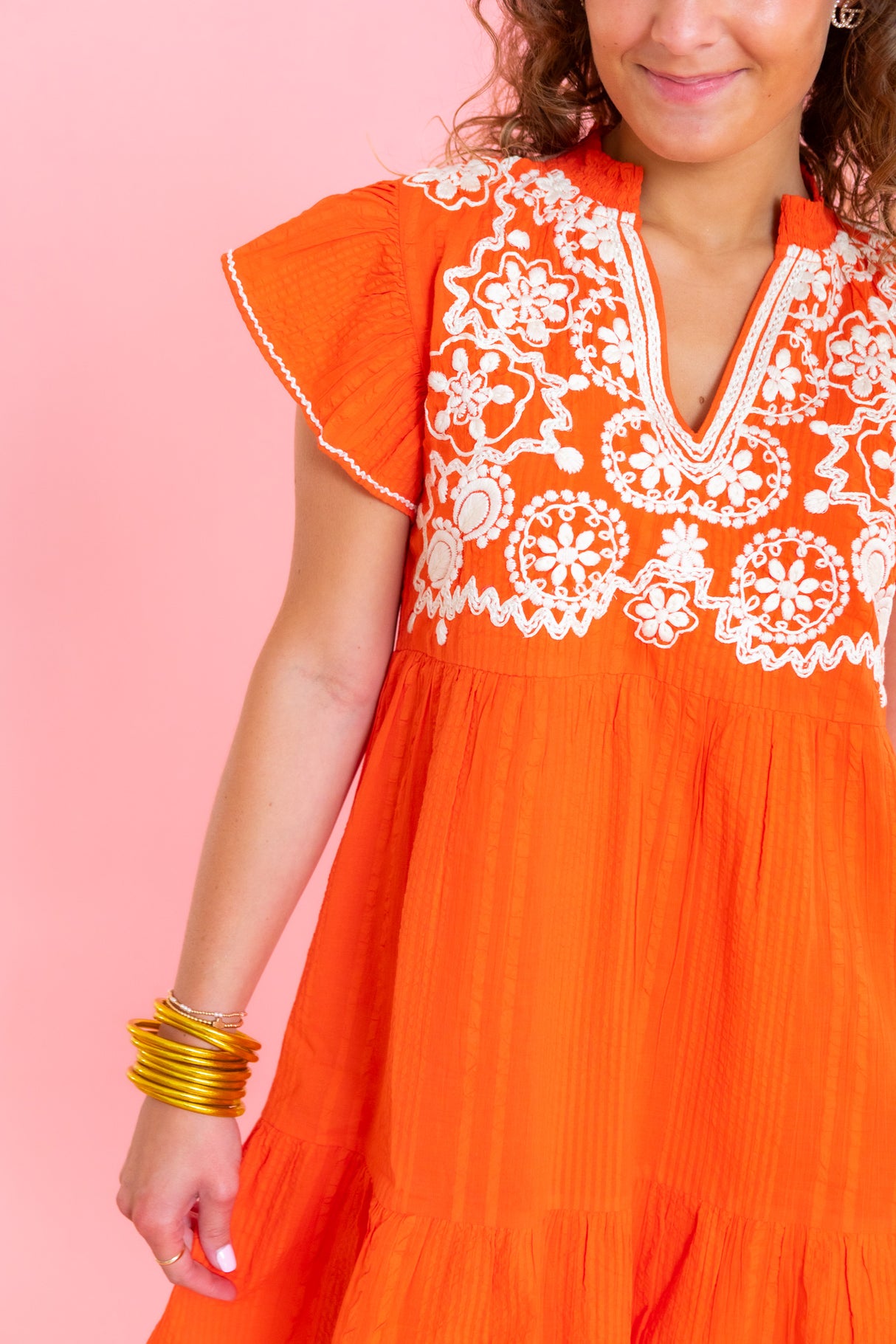 Embroidered Flutter Sleeve Dress