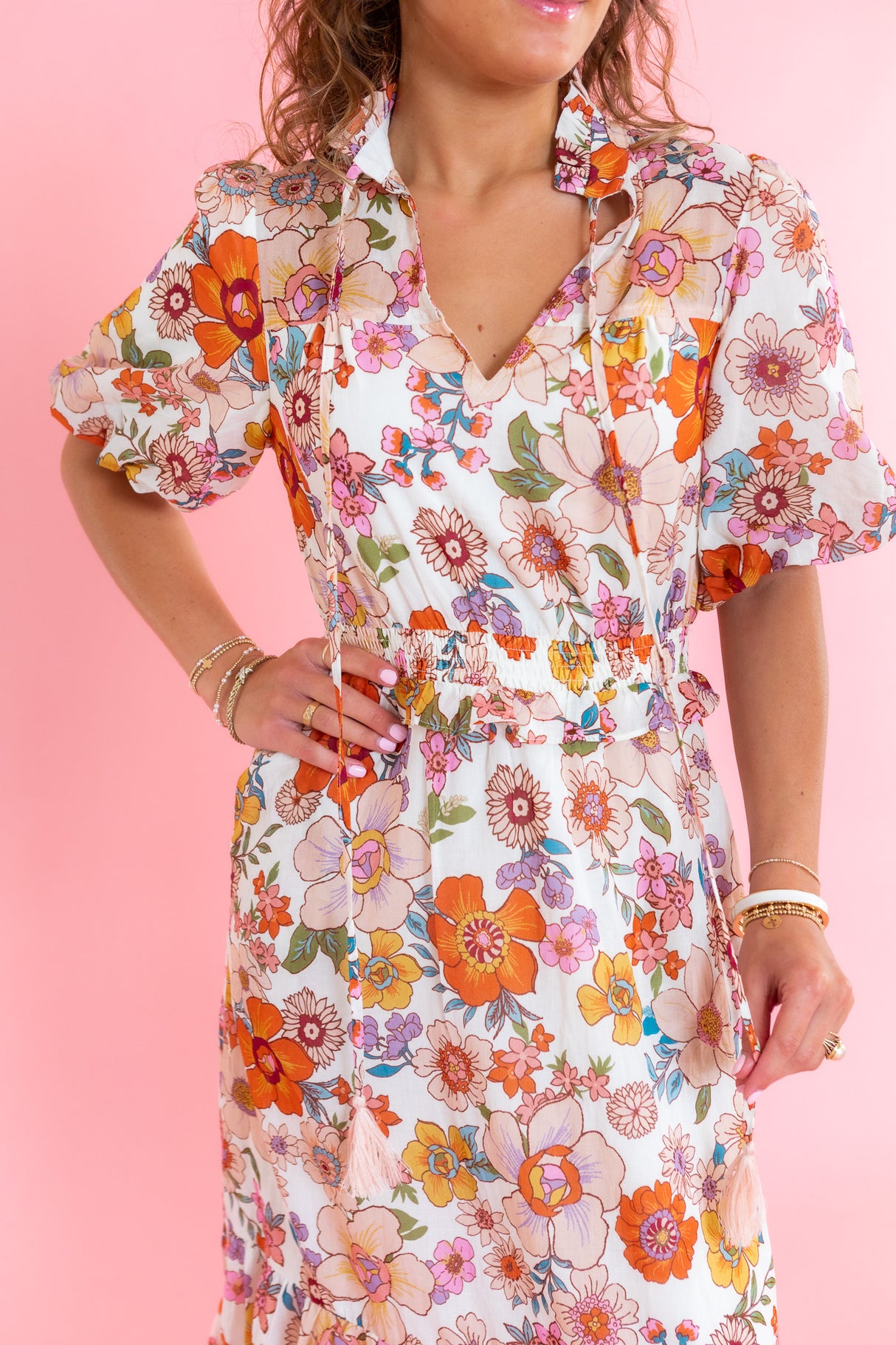 Vintage Floral Puff Sleeve Midi Dress