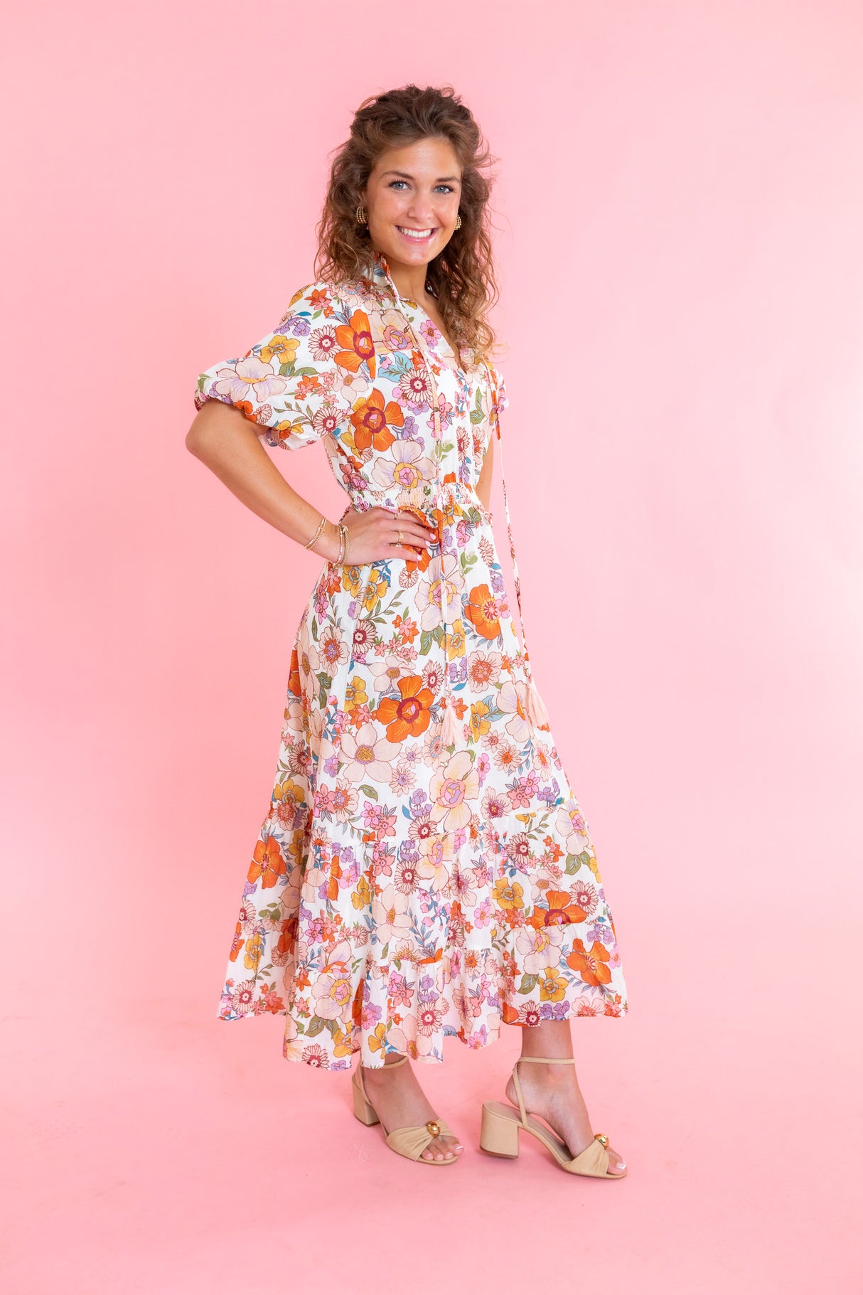 Vintage Floral Puff Sleeve Midi Dress
