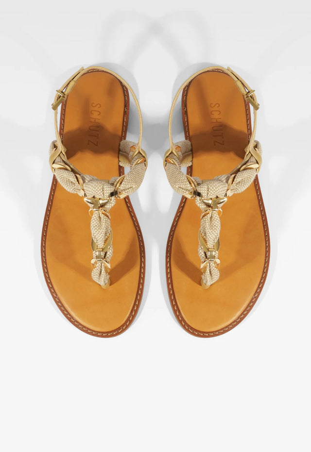 Schutz | Camellia Linen Thong Flat Sandal - Light Wood