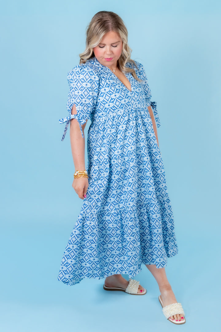 English Factory | Print Bow Tie Sleeve Tiered Midi Dress
